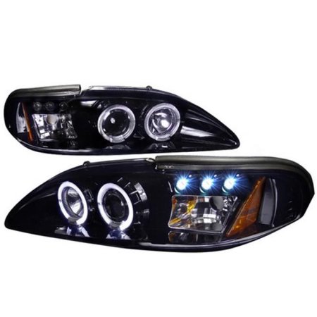94-98 Mustang Headlights 1PC - Angle Eye Dual Halo LED Projector GLOSSY BLACK Slight Smoked (Pair) (H.I.D Compatible)