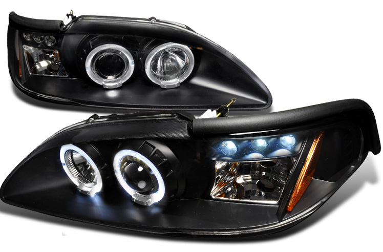 94-98 Mustang Headlights 1PC - Angle Eye Dual Halo LED Projector BLACK Style 011 (Pair) (H.I.D Compatible)