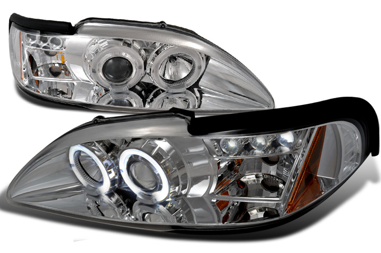 94-98 Mustang Headlights 1PC - Angle Eye Dual Halo LED Projector CHROME Style 012 (Pair) (H.I.D Compatible)