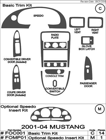 2001-2004 Mustang 15pc Interior Dash Trim Kit with Optional Speedo